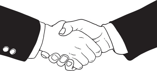 Close-up of a firm business handshake between two people in formal suits. Symbol of agreement, partnership, deal, or greeting. Hand-drawn line art illustration, ideal for corporate, finance.
