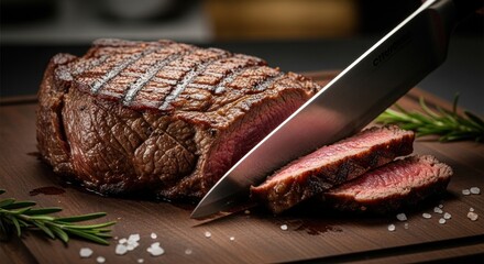 A knife cutting a grilled steak on a wooden cutting board with rosemary leaves.