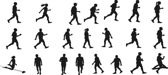 Human silhouettes collection, walking running jogging athletic poses, rowing exercise motion, fitness training diversity concept, dynamic movement vector illustration designHuman 