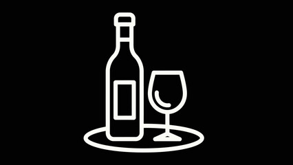 White outline icon of a wine bottle and a wine glass on a tray, against a black background.