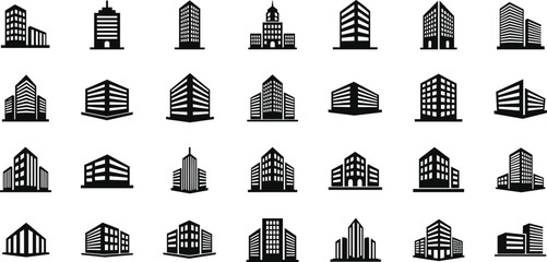Urban architecture building icons, office towers, skyscrapers, institutional structures, city skyline, architectural design, construction silhouettes, 