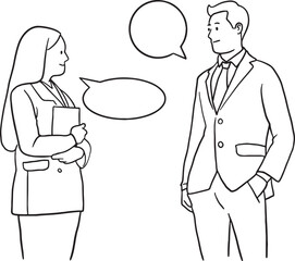 Two business people, a man in a suit and a woman with a folder, talking with blank speech bubbles between them. Conversation, discussion, or interview in an office setting.
