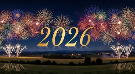 Happy New Year 2026 Fireworks Celebration Over a Field
