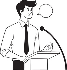 Man giving a speech or presentation at a podium with a microphone and a blank speech bubble. Male speaker or presenter talking and gesturing with his hands. Hand-drawn line art illustration for public