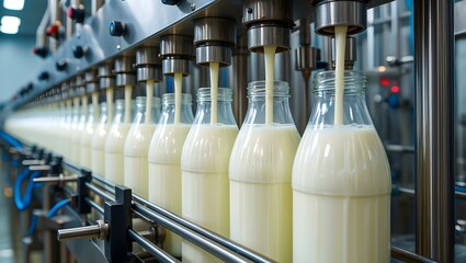 Automated bottling line filling rows of classic returnable glass milk bottles with perfect synchronized milk streams