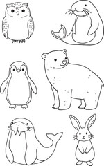 Cute doodle set of North Pole and Arctic animals, including a polar bear, penguin, owl, seal, walrus, and rabbit. Hand-drawn line art illustrations for coloring books, winter designs, kids' projects.