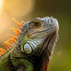 Fototapeta premium Close-up of a vibrant green iguana, exhibiting detailed scales and orange dorsal spines
