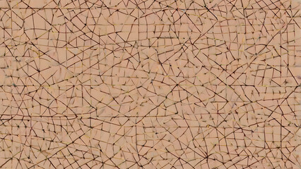 Intricate geometric network pattern with interconnected lines and nodes on a muted beige background, symbolizing complex data flow, digital connectivity, and technological systems