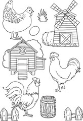A large line art collection featuring farm-themed elements: various farm animals (horse, cow, lamb, pig, chicken, goose, chicks) and rural structures (windmill, henhouse, fence, barrel).