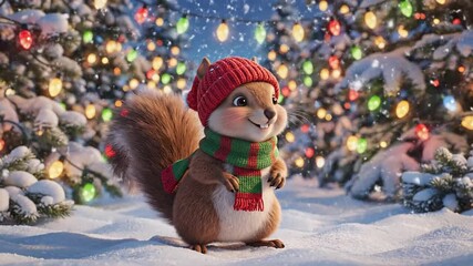 A cute squirrel in a red hat and green scarf stands in snow beneath twinkling holiday lights softly
