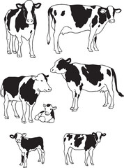 A comprehensive line art vector set featuring various farm animals (cows, calves, horse, lambs, pig, poultry) and detailed farm elements (windmill, henhouse, fence). These black and white outlines.
