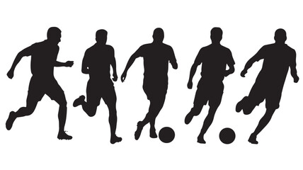 Soccer Players Silhouettes Running and Kicking Ball Isolated on White Background
