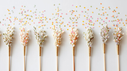 A row of flower stems with gold tips