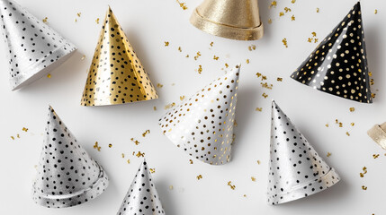 A row of party hats with gold and black polka dots