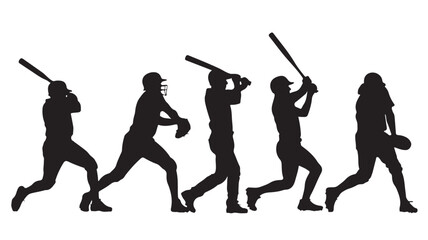 Baseball Players Silhouettes Swinging Bats Isolated on White Background