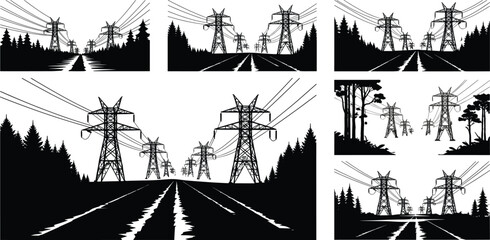 Obraz premium Transmission towers in forest landscape, black and white silhouette, power line corridor, environmental contrast, vector illustration, energy infrastructure, art