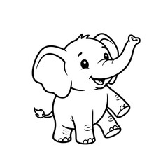 Fototapeta premium Elephant cartoon coloring book illustration of a cheerful elephant waving its trunk suitable for kids with a simple black and white line art style on a clean background.