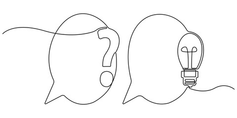 Hand drawn one line vector. Quick tips. Continuous one line drawing of question mark, light bulb and speech bubbles. Vector illustration isolated on white. Editable outline
