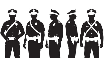 Police Officers Standing in Uniform Silhouettes Isolated on White Background