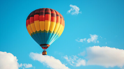 Obraz premium Colorful Hot Air Balloon Flying Against a Clear Blue Sky