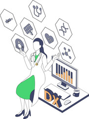 医療DXのデータを扱う女性医師のアイソメイラスト