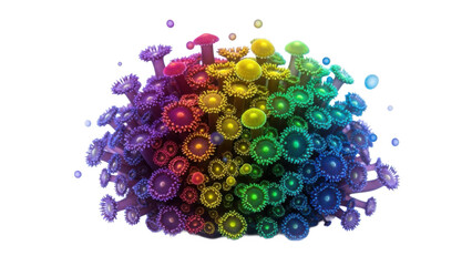 Abstract vibrant rainbow colored organic cluster of small spherical shapes with glowing highlights isolated on transparent background