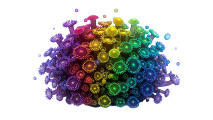Abstract vibrant rainbow colored organic cluster of small spherical shapes with glowing highlights isolated on transparent background