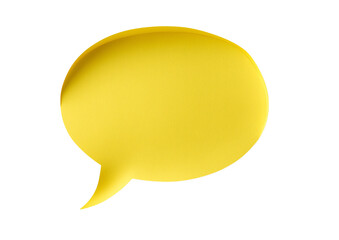 Speech bubble sticky paper note in yellow, smooth curved shape for messages isolated on transparent background