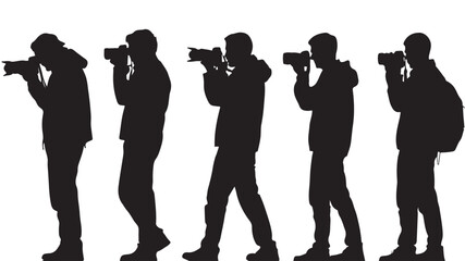 Silhouetted Men Walking and Taking Photos with Cameras against White Background