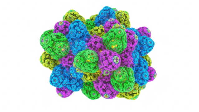 Colorful abstract molecular structure with interconnected organic shapes and vibrant hues isolated on transparent background - Powered by Adobe