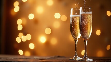 Champagne being poured into a flute, creating a stream of bubbles, with festive golden bokeh lights in the background.