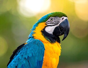 Close-up of a vibrant parrot with striking blue, yellow, and green plumage, blurred bokeh background
