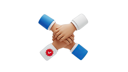 Four human arms clasped together in a symbolic gesture of unity and teamwork with a white background featuring a red badge on one sleeve