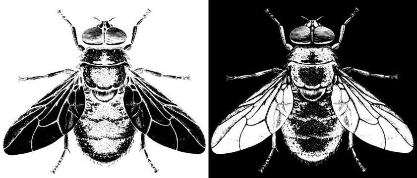 Vintage Fly Engraving Portrait, Inverted Black White Xerography Vector on Transparent Background for Laser Engraving on Dark Surface