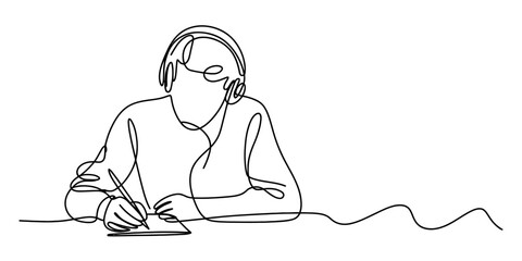 Continuous line drawing of a person studying and listening to music with headphones Vector, illustration