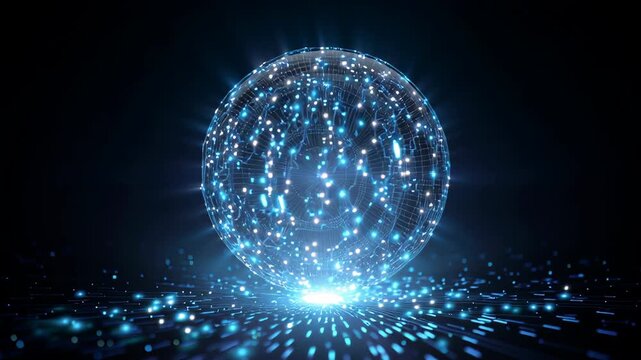A blue sphere with a bright light shining on it. Digital glowing sphere representing ai wellness intelligence soft round light minimal gradient core calm visuals ai driven mental health tools