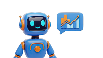 Friendly blue robot character with orange accents and happy expression presents a growing business chart with transparent background