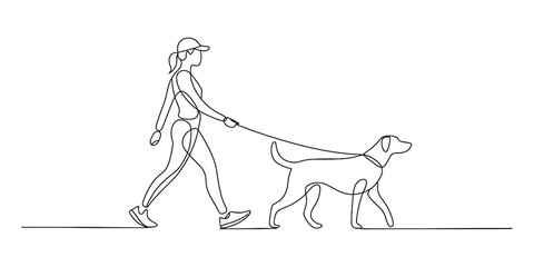 A woman walking her dog depicted in continuous single line art style on white background Vector, illustration © Digital Illustration