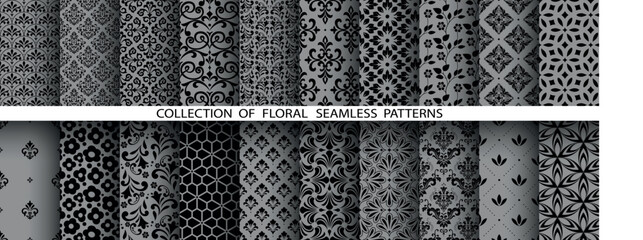 Geometric floral set of seamless patterns. Gray and black vector backgrounds. Damask graphic ornaments