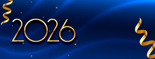 2026 golden lettering new year banner with golden ribbon