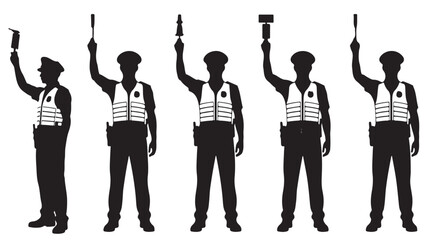 Traffic Controller Silhouettes Directing Traffic with Different Signals Isolated on White