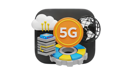 Futuristic 5G Technology Concept With Cloud Computing Data Servers Globe Network And Cogwheel In Vibrant Colors Isolated On Transparent Background High Speed Connectivity And Digital Transformation
