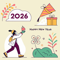 Merry Christmas and Happy New Year posters or greeting cards. Trendy modern backgrounds with Christmas tree, gifts, snowflakes, holiday decor in minimal style. Vector template for banner, print,web.