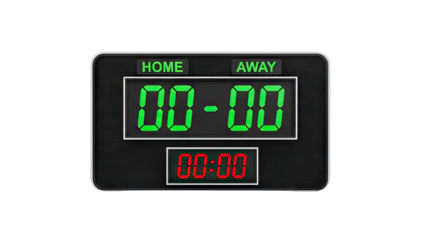 Digital Sports Scoreboard Displaying Zero Zero Score and Zero Zero Time With Green Home and Away Numbers and Red Timer on a Black Textured Background