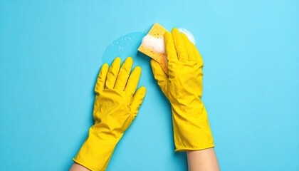 Hands in gloves cleaning a blue surface with a sponge