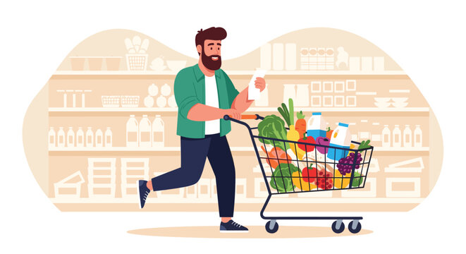 Happy bearded man pushing a shopping cart full of fresh groceries while checking his list in a supermarket aisle vector illustration.