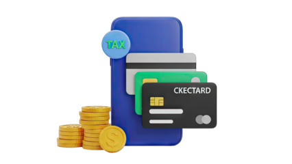 Digital Transaction Concept With Stack of Gold Coins and Credit Cards Emerging from a Smartphone Against a Transparent Background