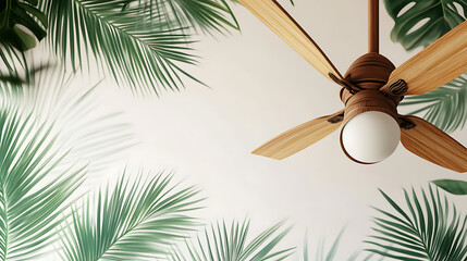 Elegant wooden ceiling fan with a warm light, surrounded by lush green tropical palm leaves, creating a serene and refreshing indoor ambiance for a cozy home interior