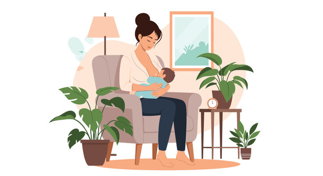 Loving mother breastfeeding her newborn baby while sitting comfortably in an armchair in a cozy, plant-filled living room illustration.