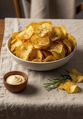 Potato chips seasoned with herbs served in a white bowl with sauce on textile background. Savory snack and comfort food concept.